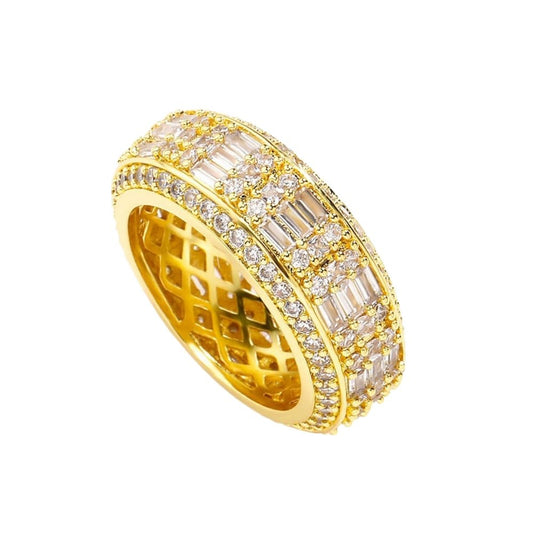 Solid Gold over S925 Sterling Silver Mixed Rectangular Ring, Interlocking Geometric Pattern for Modern Edge, Statement for Men - color: Yellow, size: US 11