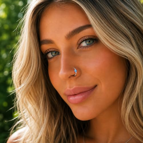 Jolliz Opal Nose Rings Hoops – 24 Gauge Classic Design, Elegant Nose Rings for Women & hypoallergenic Nose Piercings Jewelry Perfect for Any Occasion with Comfortable Fit - color: Light Blue Opal Silver