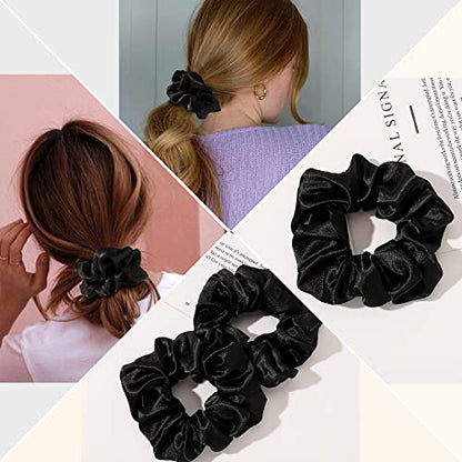Scrunchies Soft Silk Elastics Bands Ponytail Holder Pack of 8 Neutral Scrunchies for Women & Girls - color: Black