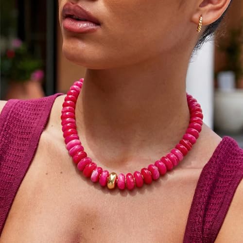 Chunky Colorful Choker Necklace for Women - Summer Beach Round Resin Beads Necklace, Trendy Statement Summer Beach Jewelry Birthday Gifts for Vacation Holiday - color: 18mm Rose Red Bead