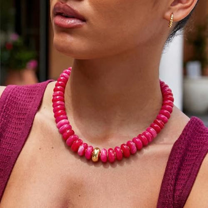 Chunky Colorful Choker Necklace for Women - Summer Beach Round Resin Beads Necklace, Trendy Statement Summer Beach Jewelry Birthday Gifts for Vacation Holiday - color: 18mm Rose Red Bead