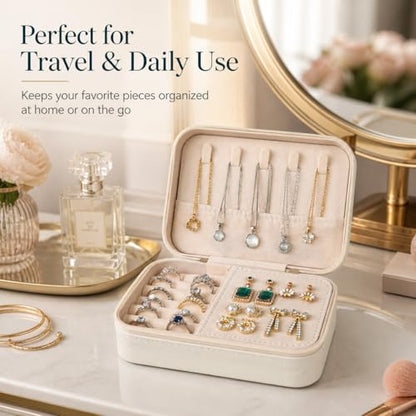 Travel Jewelry Case, Jewelry Box with Floral Embossed, PU Leather Travel Jewelry Organizer with Zipper, Velvet Lined Ring Earring Necklace Case for Travel, 6.3 x 4.7 x 2.4 in - color: White-2