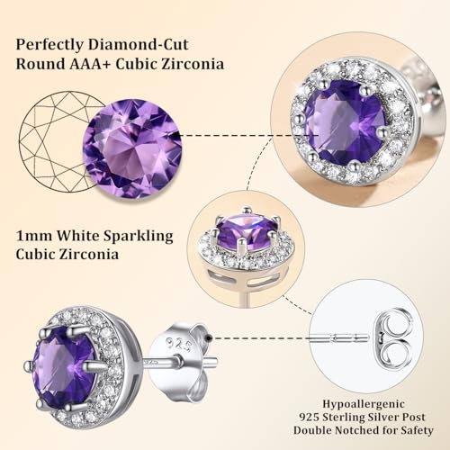 Bestyle 8mm Small Birthstone Earrings for Women with Hypoallergenic Sterling Silver Post,Sparkle Heart/Round Womens Studs Earrings, Great Birthday/Christmas/Anniversary Jewelry for Wife Mother - color: 06. June Alexandrite-Round