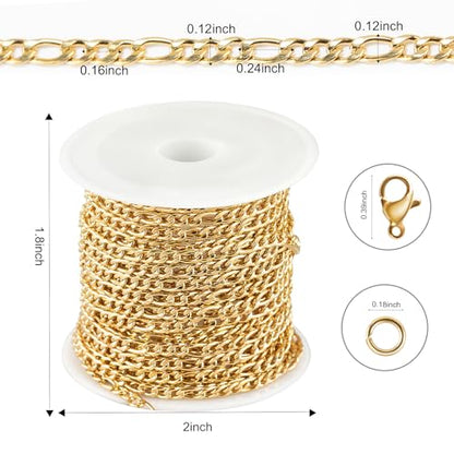 Kyutong Gold Necklace Chain for Jewelry Making with Lobster Clasps | 16.4 Feet Stainless Steel Jewelry Chain Bulk 3MM Wide Figaro Chains with Jump Rings for Men Women DIY Jewelry Crafts - color: Gold-8