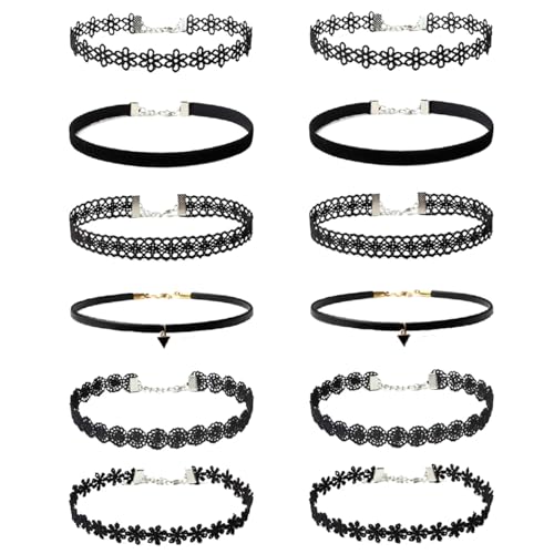 AUOCATTAIL 6 Pcs Gothic Necklaces Flower Lace Choker Classic Flower Collarbone Necklace Adjustable For Women Party Cosplay