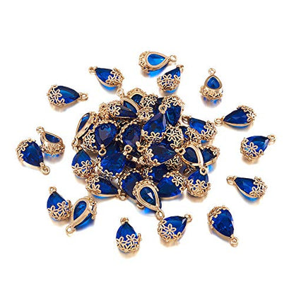FASHEWELRY 50Pcs Faceted Teardrop Glass Pendants Transparent Crystal Drop Charms with Light Gold Brass Flower Setting for DIY Bracelet Necklace Earring Jewelry Craft Making 16x9mm - color: Medium Blue