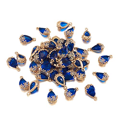 FASHEWELRY 50Pcs Faceted Teardrop Glass Pendants Transparent Crystal Drop Charms with Light Gold Brass Flower Setting for DIY Bracelet Necklace Earring Jewelry Craft Making 16x9mm - color: Medium Blue