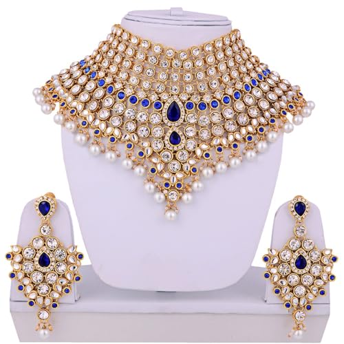 Aheli Bollywood Style Indian Bridal Choker Necklace Matha Patti Nose Ring Haath Phool Wedding Fashion Bharatanatyam jewellery set for Women - color: Blue