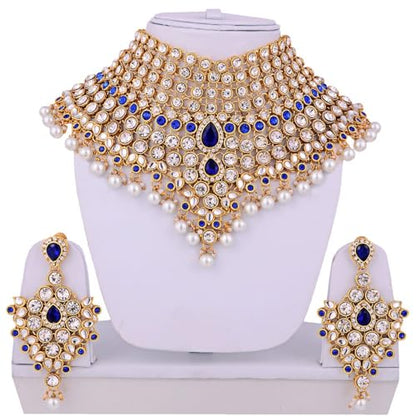 Aheli Bollywood Style Indian Bridal Choker Necklace Matha Patti Nose Ring Haath Phool Wedding Fashion Bharatanatyam jewellery set for Women - color: Blue