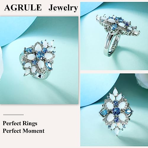 Statement Flower Ring Cocktail Leaf Ring Birthstone Anniversary Signet Ring | Hypoallergenic|14K Gold Plated|Sterling Silver Sparkling Engagement Promise Party Ring for Women, Size 6 to 10(With Box) - color: Opal