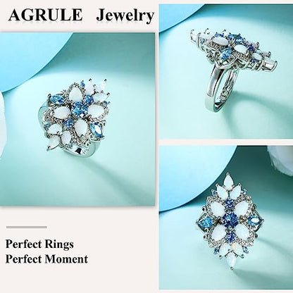 Statement Flower Ring Cocktail Leaf Ring Birthstone Anniversary Signet Ring | Hypoallergenic|14K Gold Plated|Sterling Silver Sparkling Engagement Promise Party Ring for Women, Size 6 to 10(With Box) - color: Opal