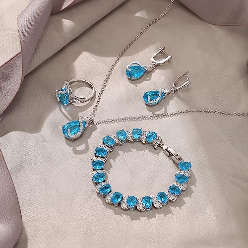 EVER FAITH Wedding Jewelry Set for Bride Bridesmaid, Glamour Teardrop Cubic Zirconia Pendant Necklace Earrings Tennis Bracelet Open Ring Sets for Birthday/Valentine's Day/Mother's Day/Christmas - color: A_Aquamarine Silver-Plated-Brass