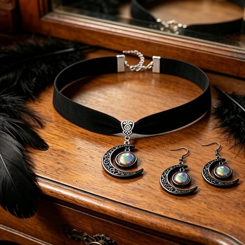 ONLYJUMP Gothic Witch Moon Earrings Necklace Set for Women Goth Black Velvet Moon Choker Necklace Moon Zirconia Dangle Drop Earrings Dark Halloween Witch Vampire Jewelry - color: colorful