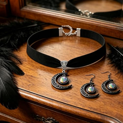 ONLYJUMP Gothic Witch Moon Earrings Necklace Set for Women Goth Black Velvet Moon Choker Necklace Moon Zirconia Dangle Drop Earrings Dark Halloween Witch Vampire Jewelry - color: colorful