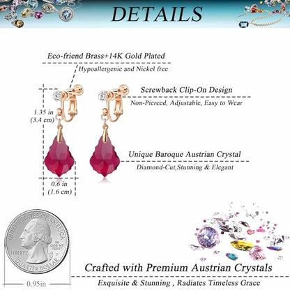 Austrian Crystal Baroque Drop Clip On Dangle Earrings for Women Non Pierced 14K Rose Gold Plated Hypoallergenic Jewelry - color: Fuchsia