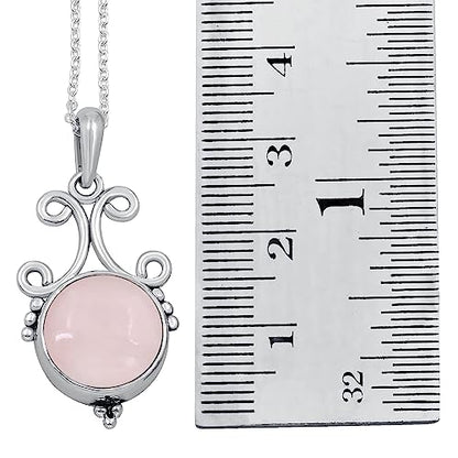 Natural Round Gemstone Pendant Necklace for Women, 925 Sterling Silver | Solitaire Birthstone Jewelry With 18 Inch Chain, Handmade Semi Precious Stone Pendant, Jewelry Gift for Mom, Wife & Sister - color: Rose Quartz