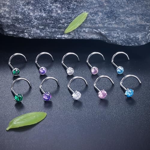 ASTM F136 Titanium Nose Rings 18G 20G 22G Jeweled Mix Color CZ Nose Studs Ring Screw L-Shaped Bone Hypoallergenic Nostril Body Piercing Jewelry for Women 1.5mm 2mm 2.5mm 3mm 10PCS - style: Screw:22G(0.6mm)-3mm CZ