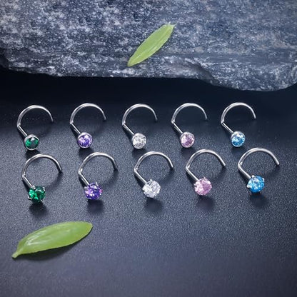 ASTM F136 Titanium Nose Rings 18G 20G 22G Jeweled Mix Color CZ Nose Studs Ring Screw L-Shaped Bone Hypoallergenic Nostril Body Piercing Jewelry for Women 1.5mm 2mm 2.5mm 3mm 10PCS - style: Screw:22G(0.6mm)-3mm CZ
