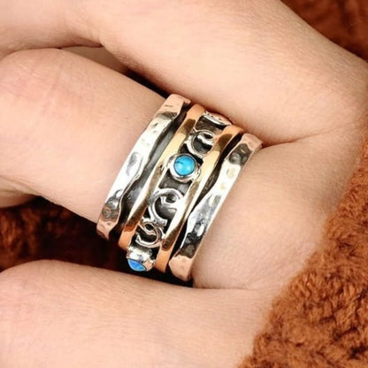 Bohemian Blue Synthetic Gemstone Two Tone Wide Rings for Women Daily Casual Party Rings Jewelry - color: Silver&Gold