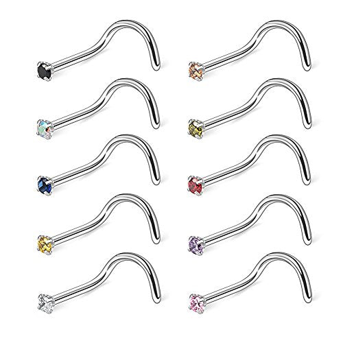10PCS 20G Surgical Steel Mix Color Diamond CZ Nose Stud Rings Screw Piercing Jewelry 1.5mm 2mm 2.5mm 3mm - style: 10PCS - 1.5mm CZ