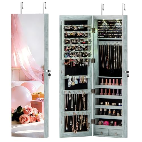 NAFORT 2 LEDs Mirror Jewelry Armoire, 47.5" H Door or Wall Mounted Jewelry Cabinet with Frameless Mirror, Lockable Jewelry Storage Box, Hanging Jewelry Organizer with 2 Drawers, Vintage Blue - color: Vintage Blue