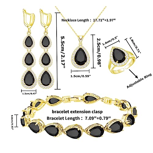 LMXXVJ Necklace Long Earrings Bracelet Set, White Gold Plated Created Blue Sapphire Jewelry Set Wedding Party Gift Jewelry for Women Bridal Bridesmaid - color: Gold-Black Ring