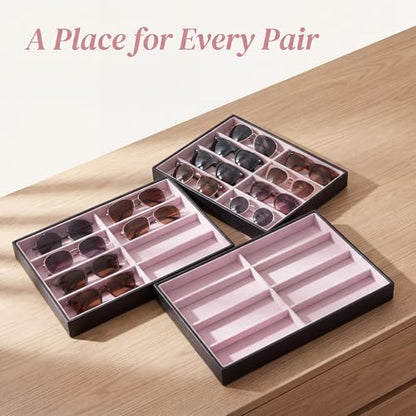 Stratalife 8 Grids Drawer Sunglasses Organizer Tray, Pink PU Velvet | Stackable Eyeglasses Storage Case with Removable Dividers, Jewelry Display Case for Necklace Bracelet, 13.78x9.5x1.2inch - color: Pink