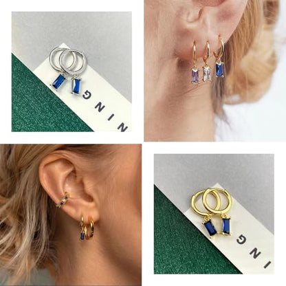 2 Pairs Gold/Silver Hoop Earrings For Women Set Trendy,14K Plated Gold Chunky Huggie Hoop Earings Pack,Oval Twisted Statement Silver Hoops,Fashion Jewelry Gift - color: B13 Sapphire dangle hoops set