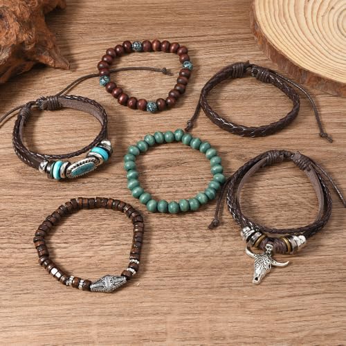LOTSOF Western Turquoise Beaded Bracelet, Chic Stack Beaded Western Style for Country Concerts, Cowgirl Outfits & Boho Jewelry - color: 6 PCS Cow Head Bracelets