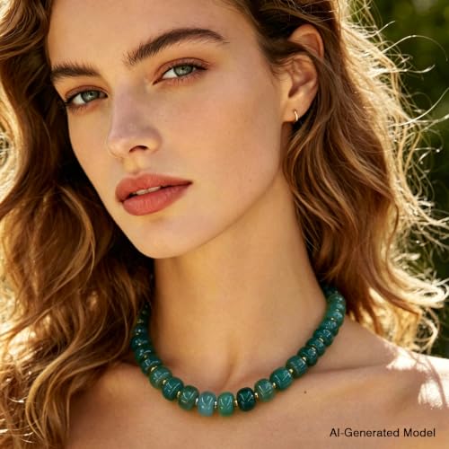 Colorful Chunky Resin Beaded Choker Necklaces for Women | Multicolor Beads, Sturdy Metal Chain, Adjustable, Detachable, Lightweight, Summer Beach Boho, Trendy Statement Jewelry Gift - color: Dark Green