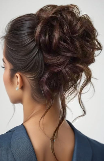 Curly Wavy Messy Bun Hair piece Easy Updo Extensions Claw Clips for Women Girls Dark Brown, Natural Fake Wig Tie Headpiece Chestnut Chocolate - color: Dark Brown