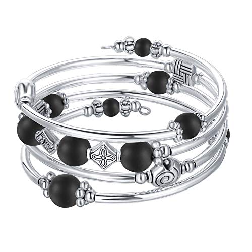 Beaded Pearl Bangle Wrap Bracelet - Fashion Bohemian Jewelry Multilayer Charm Bracelet with Thick Silver Metal Beads, Gift For Women - color: Matte Black