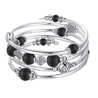 Beaded Pearl Bangle Wrap Bracelet - Fashion Bohemian Jewelry Multilayer Charm Bracelet with Thick Silver Metal Beads, Gift For Women - color: Matte Black