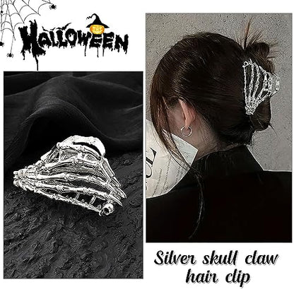 Metal Skull Hand Hair Clip, 1 piece, Silver, Punk-inspired Art, Skull Embellishment, Metal, Halloween, Hair Securing, Claw Hair Clip for Women's Hairstyle - color: Silver