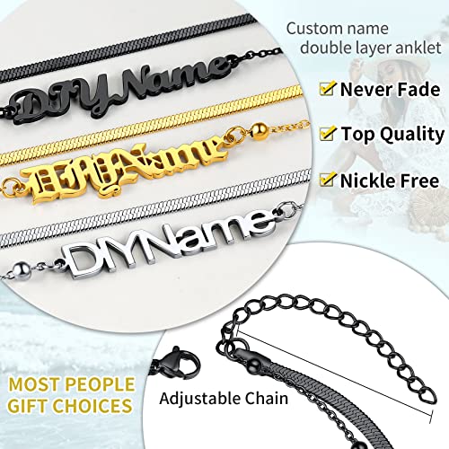 ChainsHouse Double Layer Anklet Bracelet for Women,Adjustable Chain Anklets Stackable Dainty Anklets,Stainless Steel/Gold Plated/Black Ankle Jewelry Gifts - color: C-Black-Snake Chain