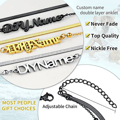 ChainsHouse Double Layer Anklet Bracelet for Women,Adjustable Chain Anklets Stackable Dainty Anklets,Stainless Steel/Gold Plated/Black Ankle Jewelry Gifts - color: C-Black-Snake Chain