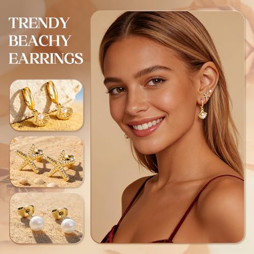 14K Gold Hoop Dangle Stud Earrings Surgical Steel Helix Piercing | Hypoallergenic,Cubic Zirconia,3 Pairs Huggie Hoop Set for Women,Dangle Stud,Cartilage Tragus Conch Earring,Jewelry Gift - color: B3-Gold Shell & Pearl Earrings