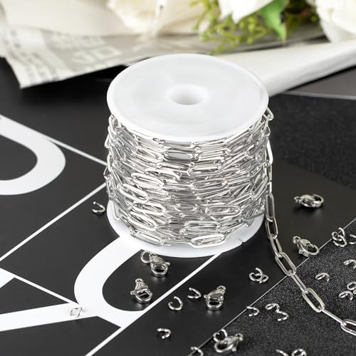 Kyutong 5M Stainless Steel Jewelry Making Chain Roll 4mm Paperclip Chain | 16.4FT Silver Necklace Chains on Spool Paper Clip Link Chains for Crafts DIY Jewelry Findings - color: Silver-6