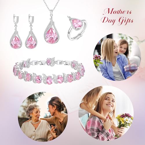 Jewelry Set for Bride, Sparkling Water Drop Cubic Zirconia Crystal Pendant Necklace Leverback Earrings Tennis Bracelet Adjustable Ring Gift for Wedding/Birthday/Mother's Day/Christmas - color: 12-Pink