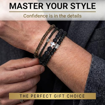 Flybar Men's 4 Piece Beaded Bracelet Set, Natural Lava Stone Black Onyx Matte Agate Tiger Eye, Stretchable Elastic Handmade Stackable - color: CD02 Skull Cross Rock