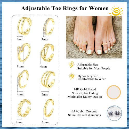 SAMOCO 8 Pcs Toe Rings for Women | Golden Silver Toe Ring Non Tarnish,Simple Open Adjustable Band Toe Rings Set,Beach Foot Toe Ring for Summer - color: Gold