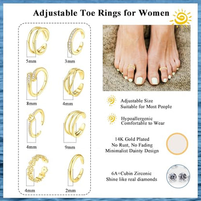 SAMOCO 8 Pcs Toe Rings for Women | Golden Silver Toe Ring Non Tarnish,Simple Open Adjustable Band Toe Rings Set,Beach Foot Toe Ring for Summer - color: Gold