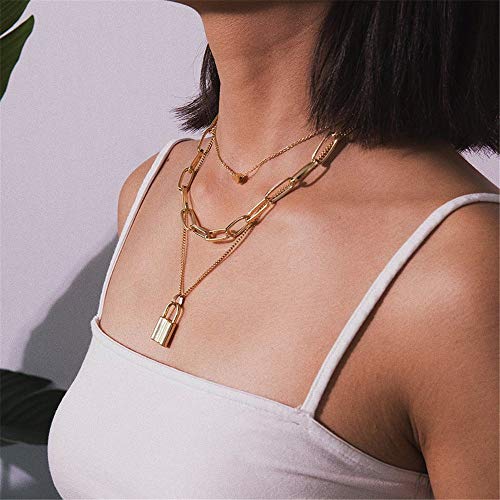 Turandoss Dainty Layered Choker Necklace, Handmade Y Pendant Necklace Multilayer Bar Disc Necklace Adjustable Layering Choker Necklaces for Women - style: 3PCS - Heart&Link Chain&Lock