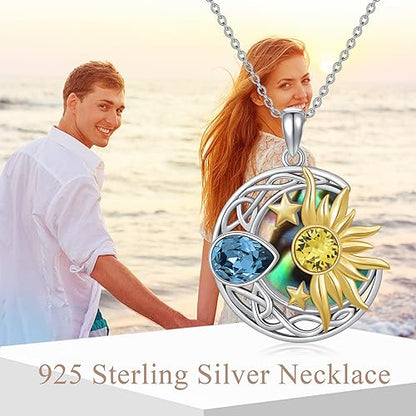 AOBOCO 925 Sterling Silver Moon Sun Star Necklace Celtic Jewelry for Women Girls - color: Silver&Gold&Abalone Shell