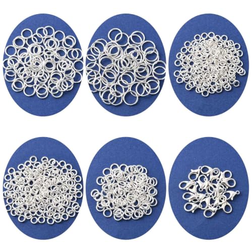 Jewelry Making Findings Kit with Jump Rings and Lobster Clasps, Silvery | Complete Silvery Jewelry Findings Kit with 5 Size Open Jump Rings, Lobster Clasps and Box for DIY Crafts, Repair, Beading - color: Silver