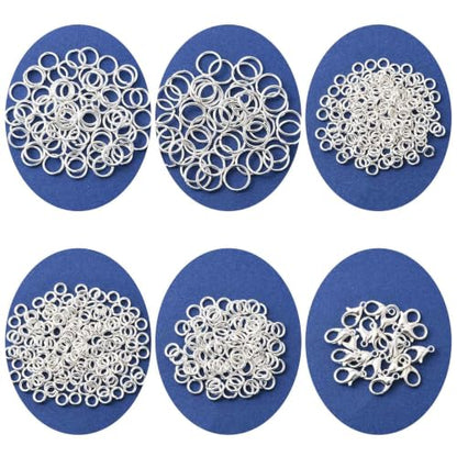 Jewelry Making Findings Kit with Jump Rings and Lobster Clasps, Silvery | Complete Silvery Jewelry Findings Kit with 5 Size Open Jump Rings, Lobster Clasps and Box for DIY Crafts, Repair, Beading - color: Silver