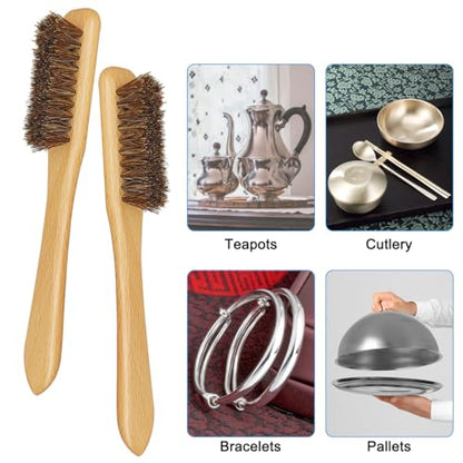 7 Pcs Horsehair Detail Brush Set - 2 Silver Cleaning Horsehair Brushes + 5 Polish Cloth, Detailing Brush & Polishing Cloth for Silverware, Jewelry, Plateware & Sterling Silverware - size: 2Brushes+5Polishing Cloth