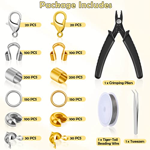 Acejoz 1200 Pcs Crimp Beads Supplies for Jewelry Making, Including Crimp Covers, Crimp Tubes and Wire Guardians, Lobster Clasps, Jump Rings, Crimping Pliers and Beading Wire for Bracelets Making