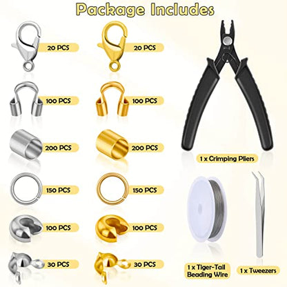 Acejoz 1200 Pcs Crimp Beads Supplies for Jewelry Making, Including Crimp Covers, Crimp Tubes and Wire Guardians, Lobster Clasps, Jump Rings, Crimping Pliers and Beading Wire for Bracelets Making