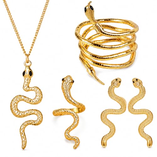 choice of all Snake Medusa Jewelry Gold Snake Necklace Earrings Bracelet Ring Set Gothic Punk Statement Jewelry Halloween Costume Accessories - color: gold
